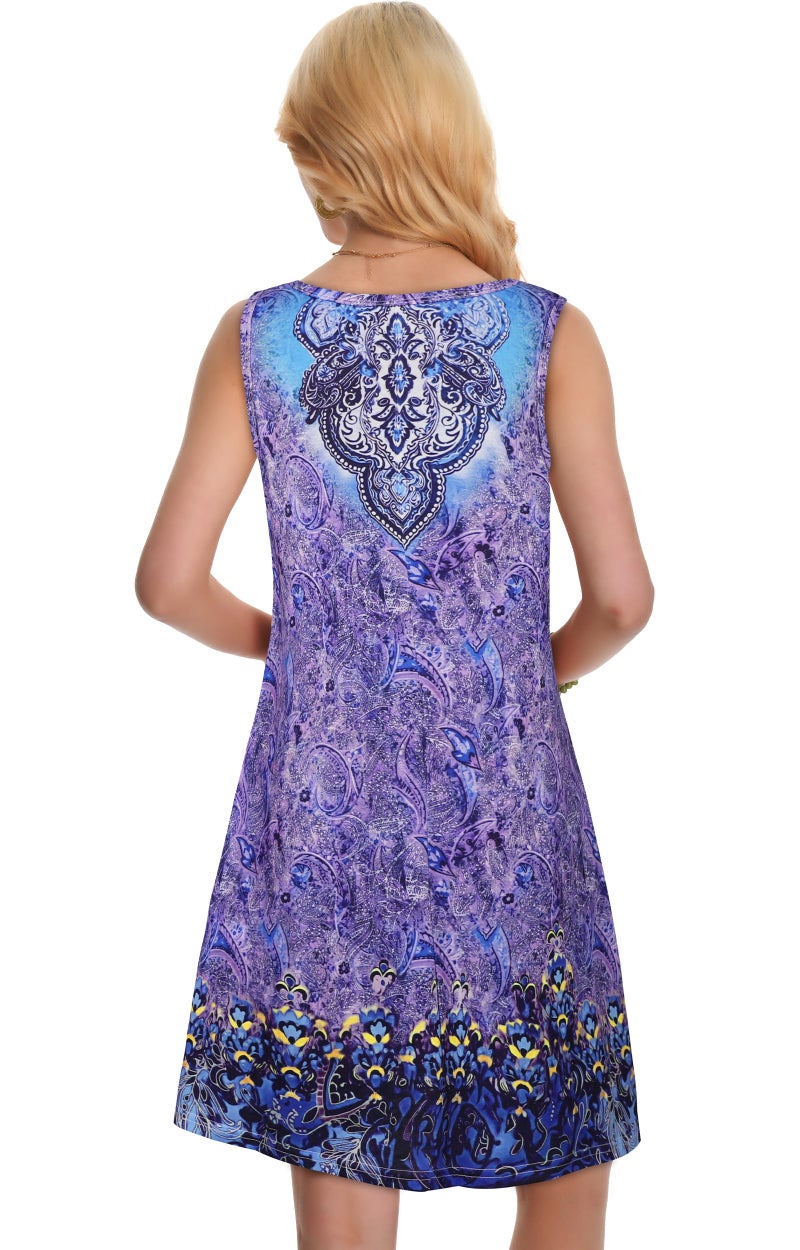 elescat Summer Dresses for Women Beach Boho Sleeveless Vintage Floral Flowy Pocket Tshirt Tank Sundresses(Purple Blue Boho, L) - Image 5