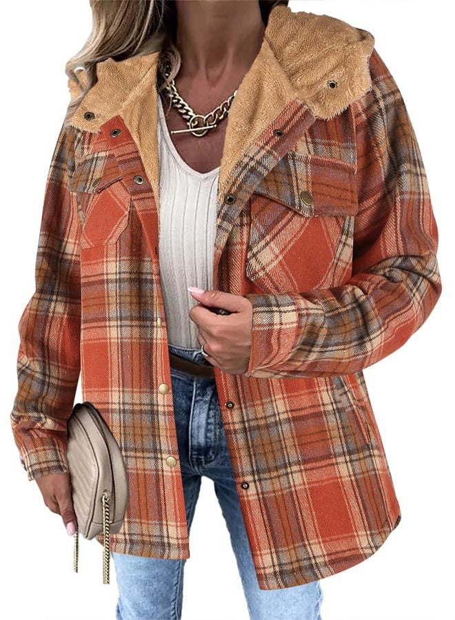 zeagoo Womens Plaid Shacket Jacket Long Sleeve Button Down Fleece Hooded Jackets Warm Coat - Image 1