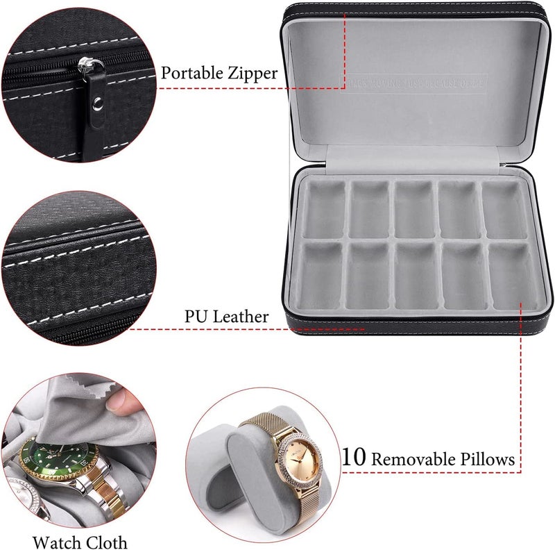 BucketList 10-slot Watchbox Portable Travel Zipper PU Leather Storage Case Jewellery Storage Box Display Box, Watch Storage Box for Business Trips and Gifts Larger Capacity Black - Image 3