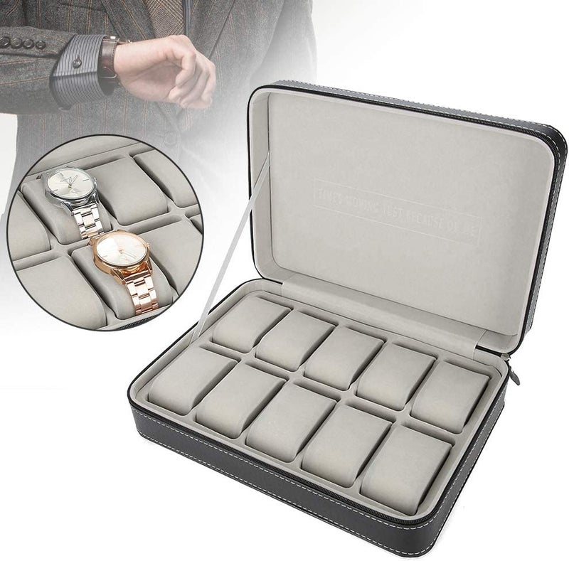 BucketList 10-slot Watchbox Portable Travel Zipper PU Leather Storage Case Jewellery Storage Box Display Box, Watch Storage Box for Business Trips and Gifts Larger Capacity Black - Image 2