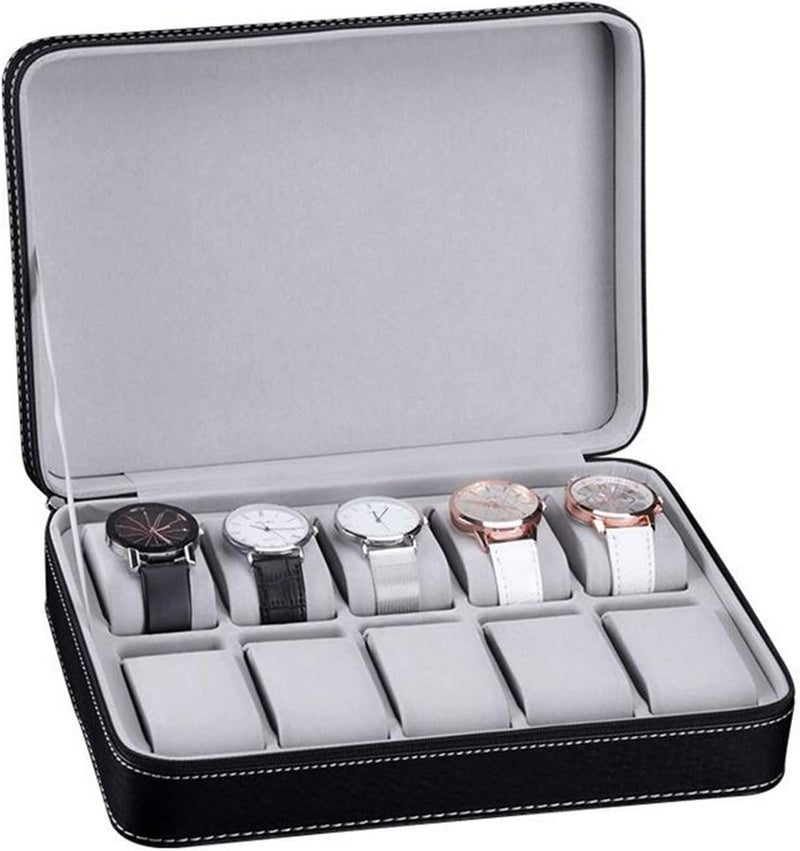 BucketList 10-slot Watchbox Portable Travel Zipper PU Leather Storage Case Jewellery Storage Box Display Box, Watch Storage Box for Business Trips and Gifts Larger Capacity Black - Image 1