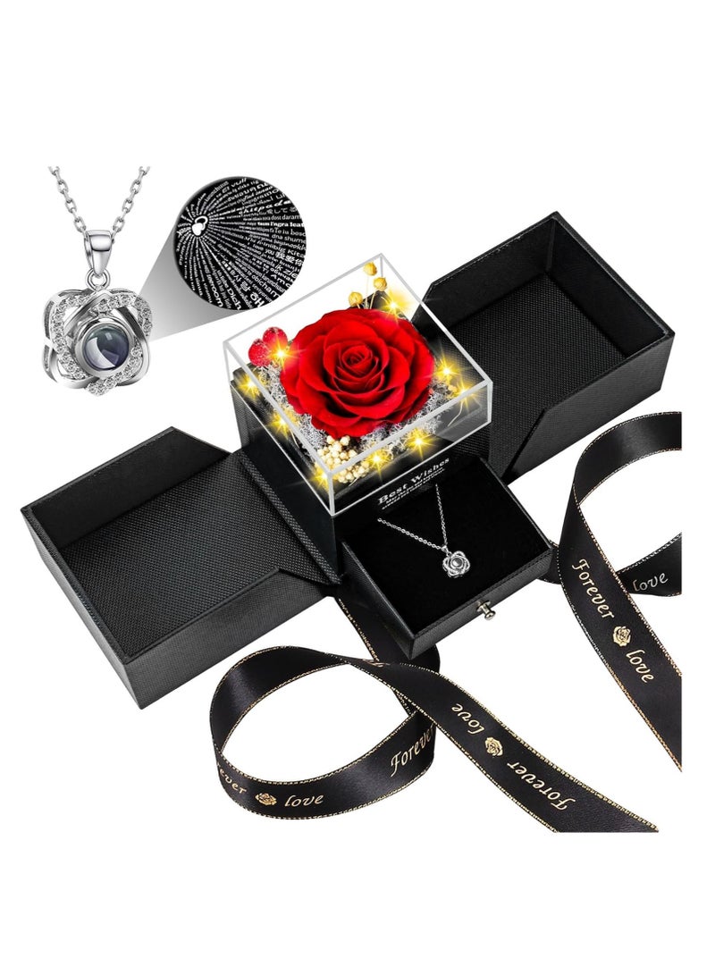 SOLARAE Preserved Rose Box Necklace, Red Real-Eternal Flowers Birthday Gifts for Her, Mom Wife Girlfriend Grandma on Mothers Day Anniversary Romantic - Image 1