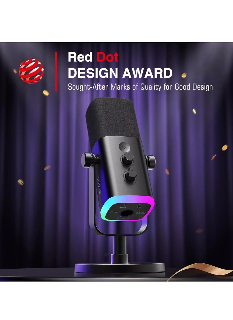 FIFINE - AM8 USB/XLR Dynamic Microphone for Podcast Recording, PC Computer Gaming Streaming Mic with RGB Light, Mute Button, Headphones Jack, Desktop Stand, Vocal Mic for Singing YouTube- - Image 1