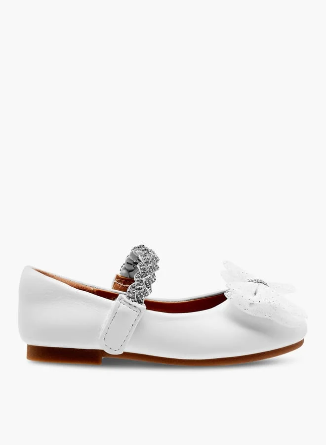 JUNIORS Girls Embellished Bow Detail Ballerina Shoes with Hook and Loop Closure