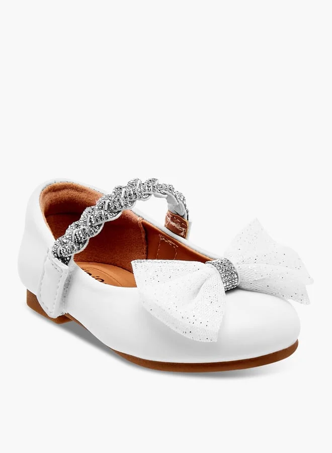 JUNIORS Girls Embellished Bow Detail Ballerina Shoes with Hook and Loop Closure