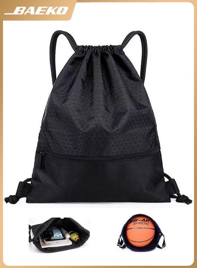 بيكو حقيبة ظهر برباط، حقيبة قماش رياضية، حقيبة برباط من قماش أكسفورد مقاومة للماء، حقيبة سباحة، حقيبة كرة السلة، حقيبة كرة القدم، سحاب 43*49 سم (أسود) - Image 1