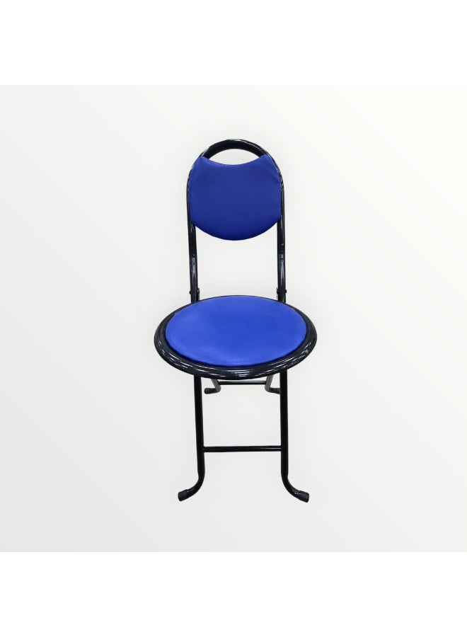 A foldable prayer chair featuring a rounded design, a backrest, and a black metal frame, with a padded seat and backrest available in various colors.
