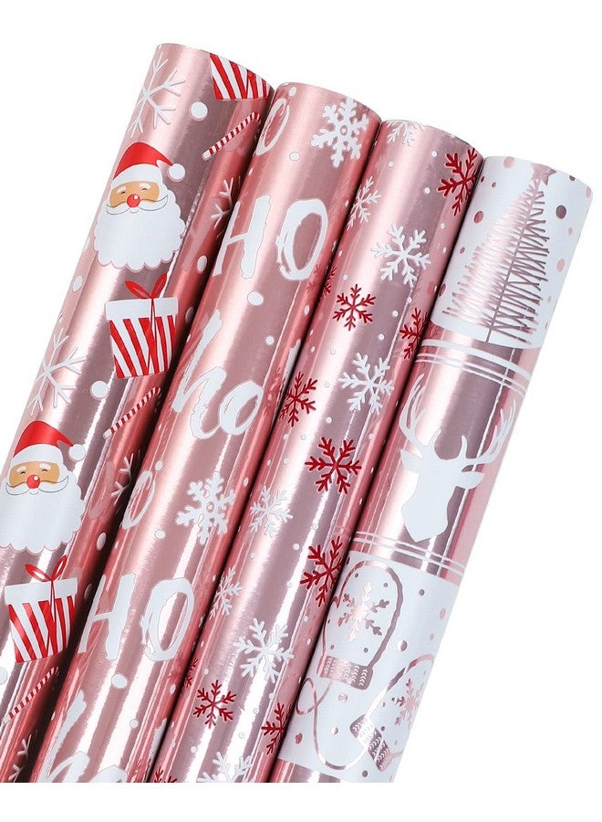 WRAPAHOLIC Christmas Wrapping Paper Roll - Rose Gold Santa, Snowflakes And Reindeer Holiday Collection With Metallic Foil Shine - 4 Rolls - 30 Inch X 120 Inch Per Roll - Image 1