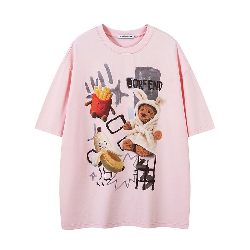 Couple T-Shirt With Retro Style, Loose Short Sleeves, American Hip-Hop Trendy Brand Cartoon Print Shirt For Men And Women, Lazy Style - Image 1