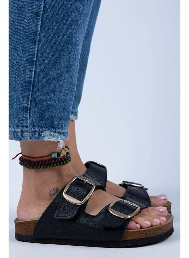 Manijero  Irene Women's Genuine Leather Double Buckle Black Leather - Gold Slippers - Black for Women | Best Price UAE