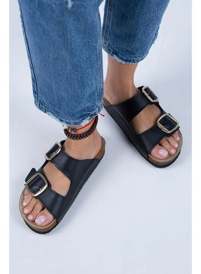 Irene Women's Genuine Leather Double Buckle Black Leather - Gold Slippers - Black