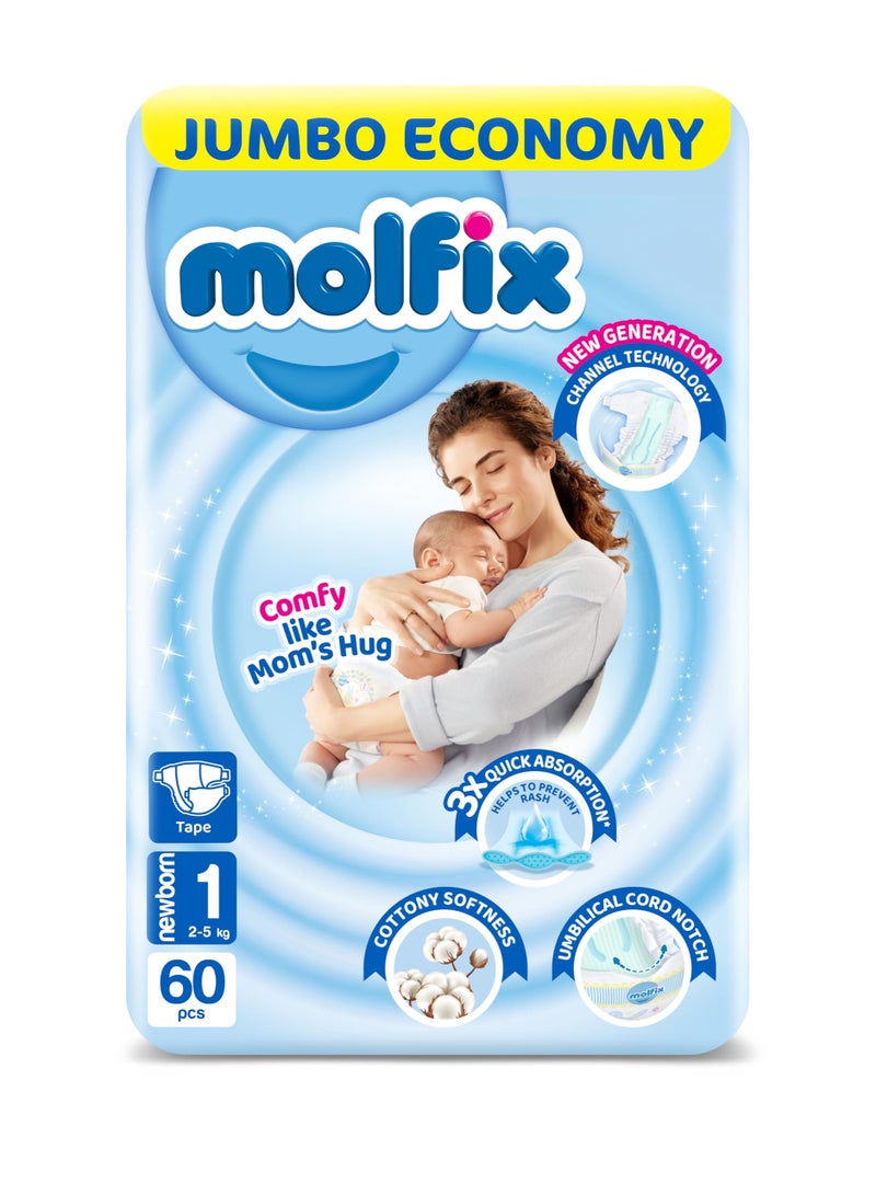 Molfix Baby Diapers Size 1 Newborn 60 Pieces High Absorbency and Leak Protection