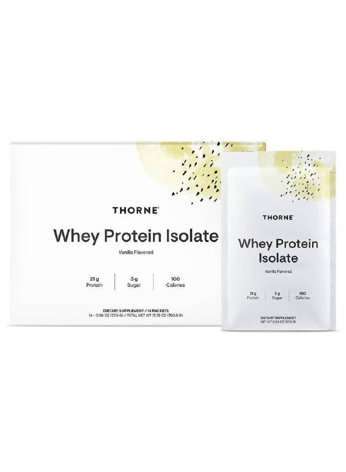 Thorne Whey Protein Isolate Vanilla Flavored 21g Protein 3g Suger 100 Calories Dietary Supplement 14 Packets - 0.98 OZ (27.9 G) / TOTAL NET WT 13.78 OZ (390.6 G)  - Image 1