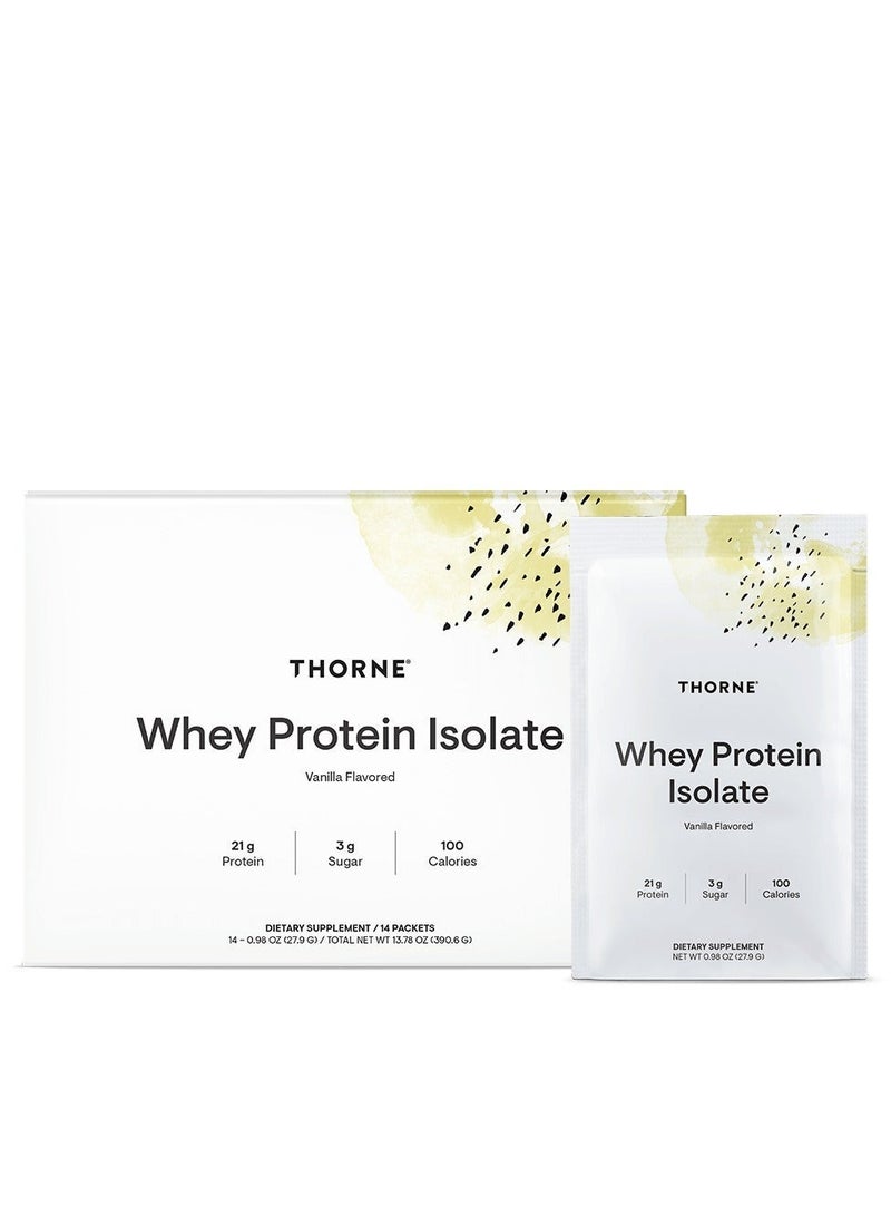 Thorne Whey Protein Isolate Vanilla Flavored 21g Protein 3g Suger 100 Calories Dietary Supplement 14 Packets - 0.98 OZ (27.9 G) / TOTAL NET WT 13.78 OZ (390.6 G) - Image 1