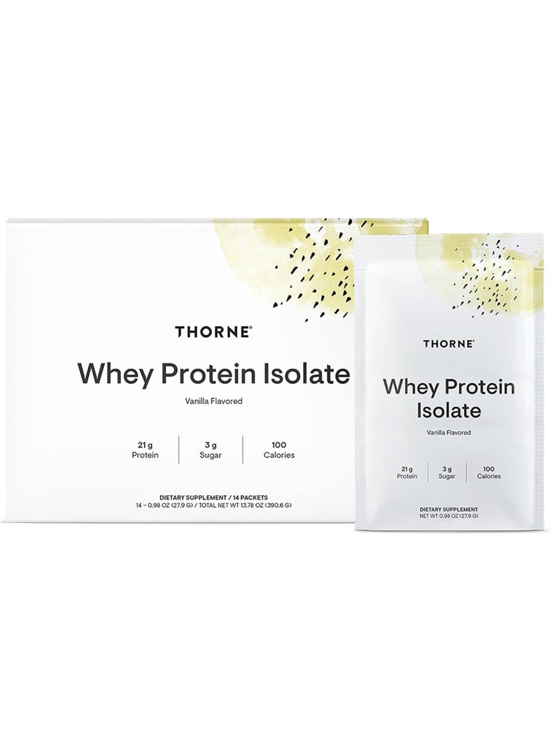 Thorne Whey Protein Isolate Vanilla Flavored 21g Protein 3g Suger 100 Calories Dietary Supplement 14 Packets - 0.98 OZ (27.9 G) / TOTAL NET WT 13.78 OZ (390.6 G) - Image 1