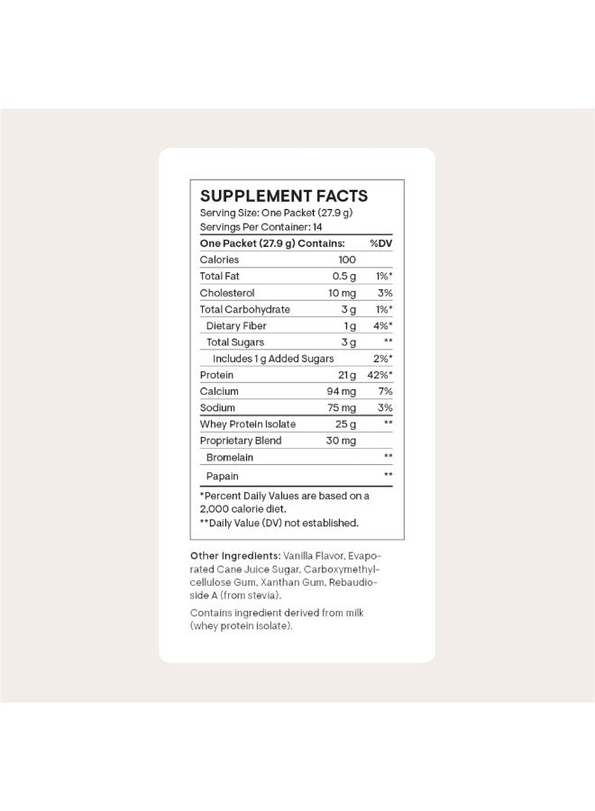 Thorne Whey Protein Isolate Vanilla Flavored 21g Protein 3g Suger 100 Calories Dietary Supplement 14 Packets - 0.98 OZ (27.9 G) / TOTAL NET WT 13.78 OZ (390.6 G) - Image 2