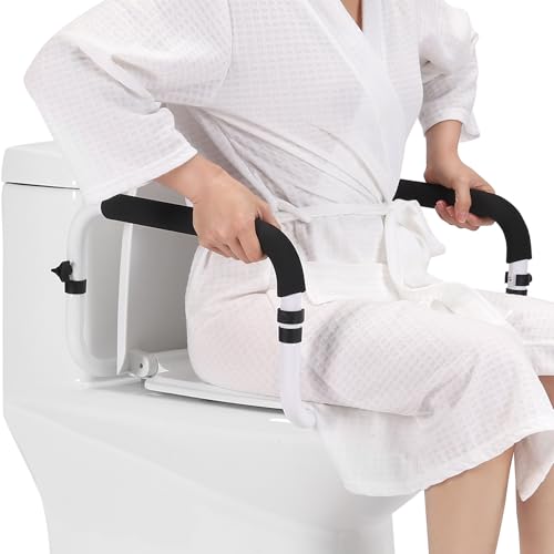henkoi Toilet Safety Rail Safety Frame for Toilet Seat Toilet Grab Bar with Adjustable Width for Seniors Supports 350lbs Black and White - Image 1
