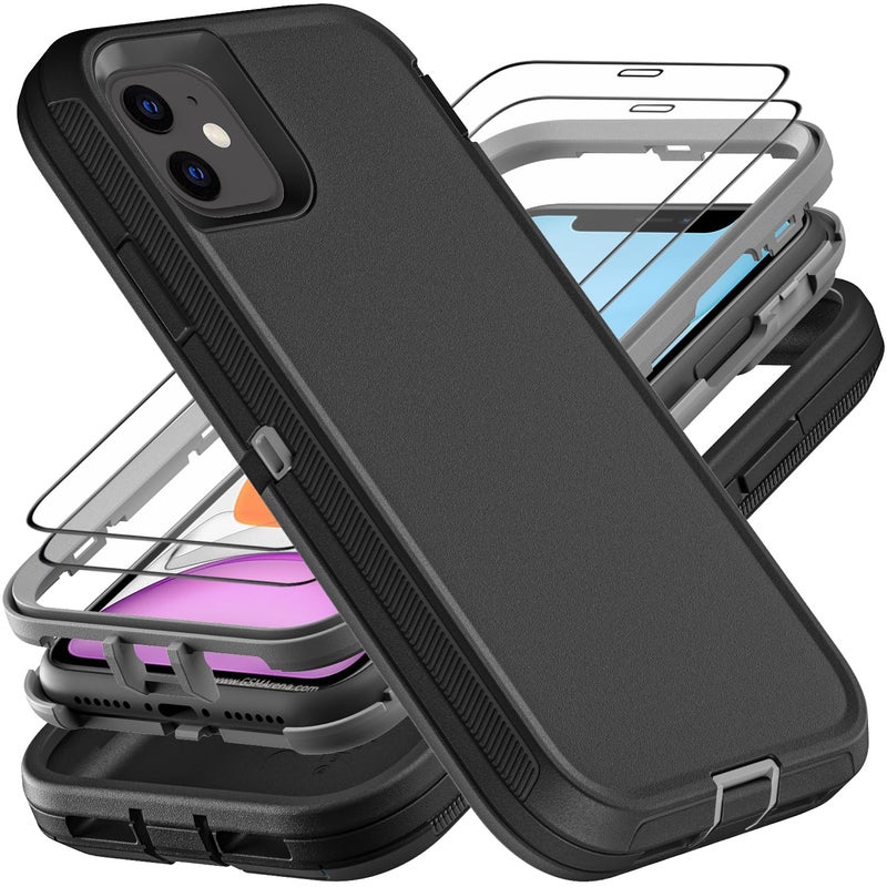 YKHJKLEC for iPhone 11 Case Military Grade 3 in 1 Heavy Duty ShockproofDrop ProofDust Proof Case with 2Pcs Tempered Glass Screen Protector BlackGrey - Image 3