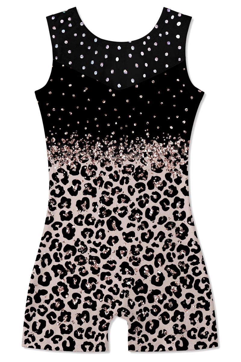 uideazone Size 5 6 Girls Gymnastics Leotards Kids Shiny Cool Ballet Unitards Quick Dry One-piece Cheetah Biketards Outfits with Shorts 5t - Image 1