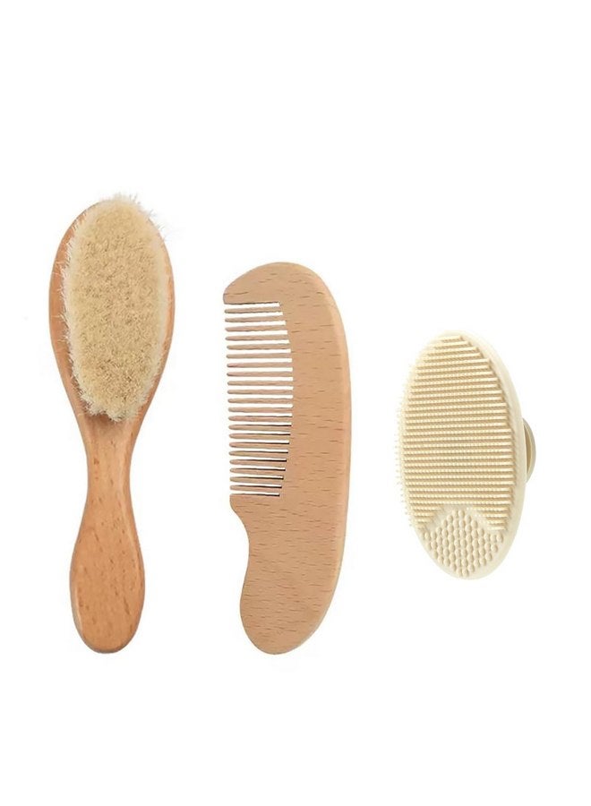 PandaEar PandaEar 3 Pack Baby Brush and Comb Set Newborn, Silicone Cradle Cap Brush for Babies, Soft Newborn Hair Brush with Soft Goat Bristles, Wooden Toddler Comb Hairbrush Set for Boys and Girls - Image 1