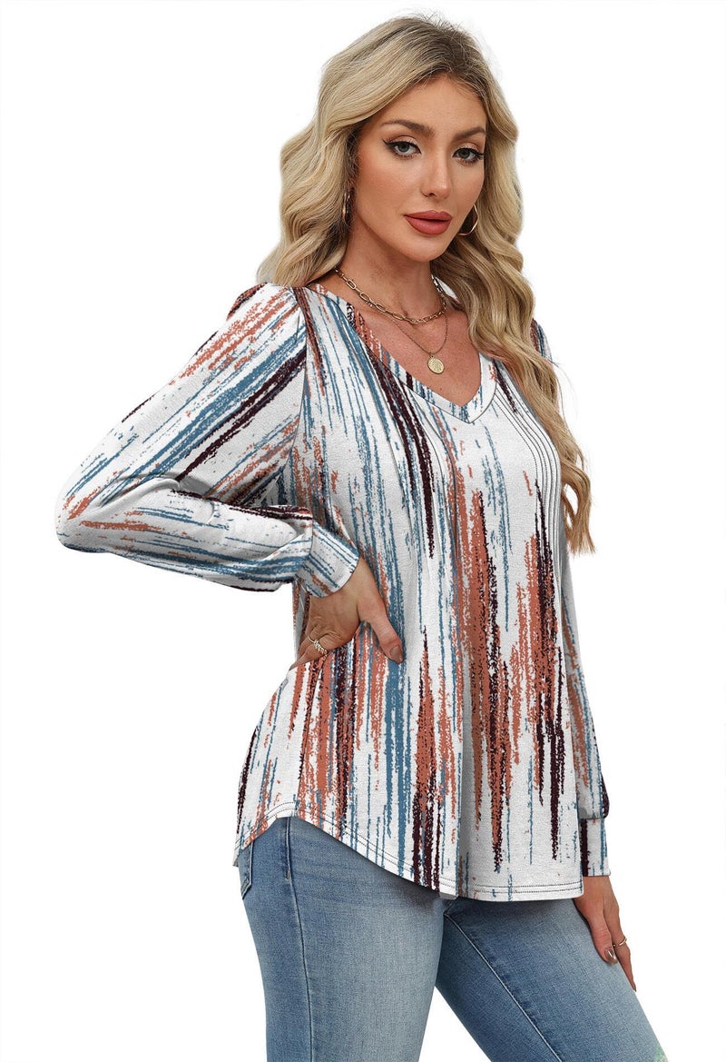 Alaroo Plus Size Tops for Women Blouses Long Sleeve Shirts 2025 Fall Winter Tunic Pleated V Neck Dressy Boho Print 04 2XL - Image 4