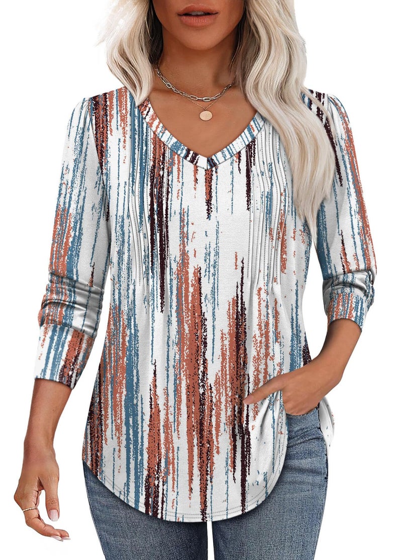 Alaroo Plus Size Tops for Women Blouses Long Sleeve Shirts 2025 Fall Winter Tunic Pleated V Neck Dressy Boho Print 04 2XL - Image 2