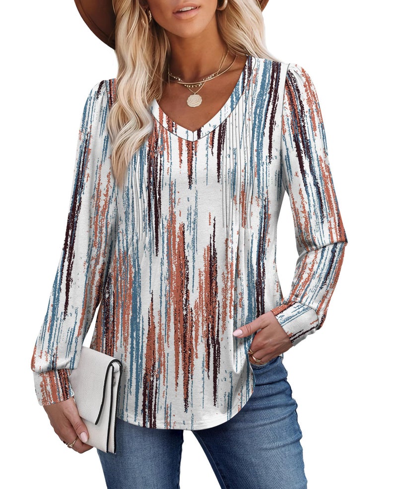 Alaroo Plus Size Tops for Women Blouses Long Sleeve Shirts 2025 Fall Winter Tunic Pleated V Neck Dressy Boho Print 04 2XL - Image 3
