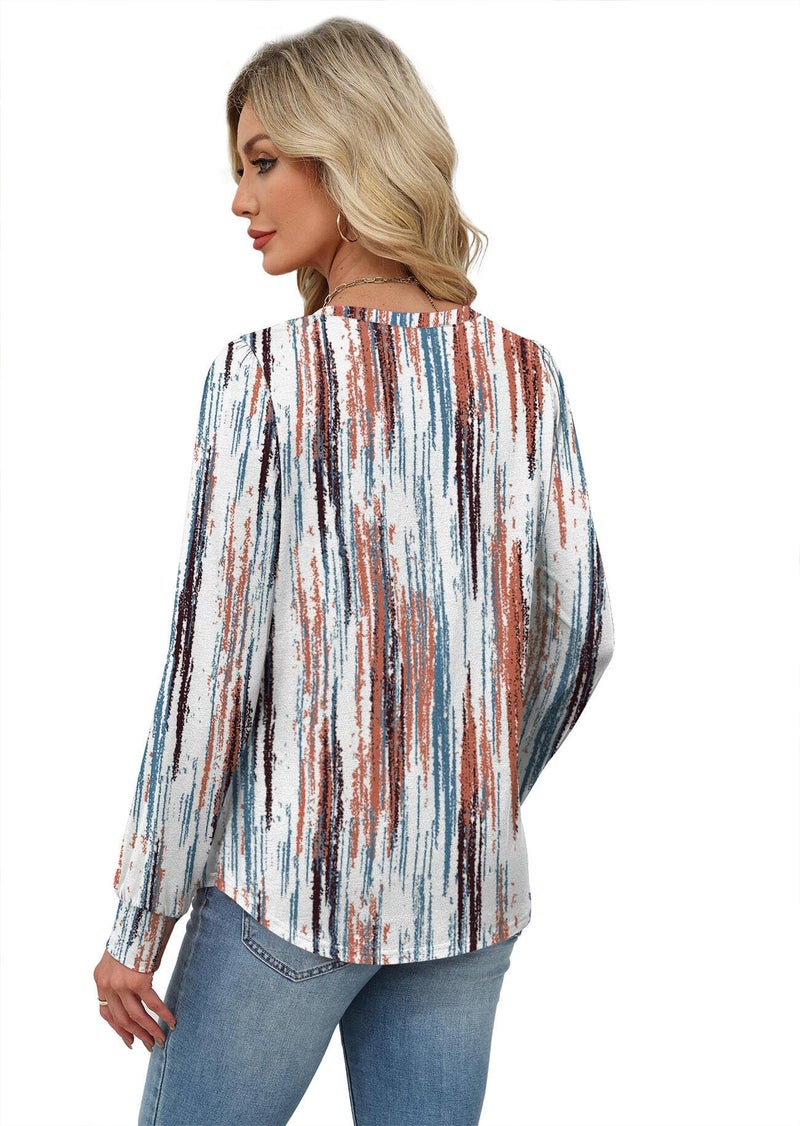 Alaroo Plus Size Tops for Women Blouses Long Sleeve Shirts 2025 Fall Winter Tunic Pleated V Neck Dressy Boho Print 04 2XL - Image 5