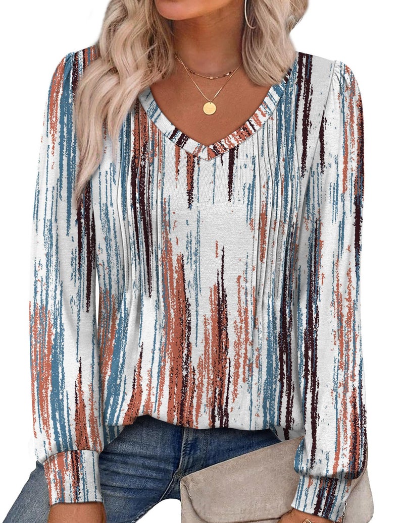 Alaroo Plus Size Tops for Women Blouses Long Sleeve Shirts 2025 Fall Winter Tunic Pleated V Neck Dressy Boho Print 04 2XL - Image 1