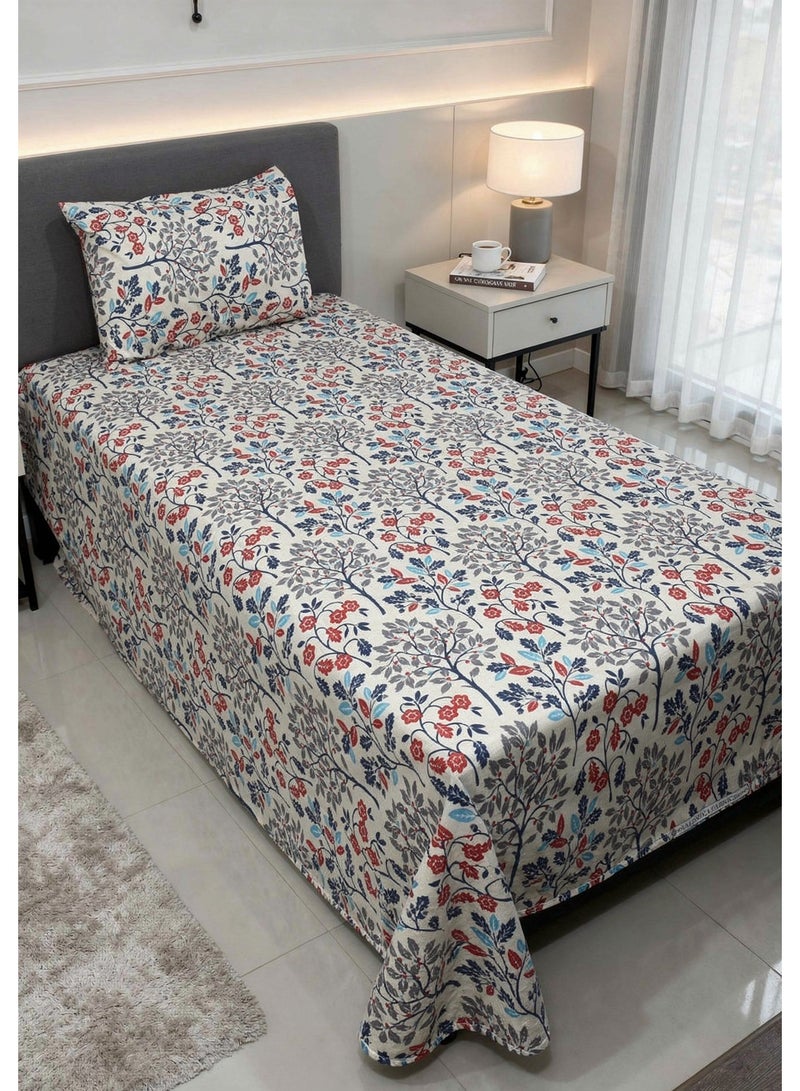 RISHAHOME Single size Cotton Blend Flat Bedsheet Set 144 Thread Count Tree Floral Design 240x130 cm - Image 1