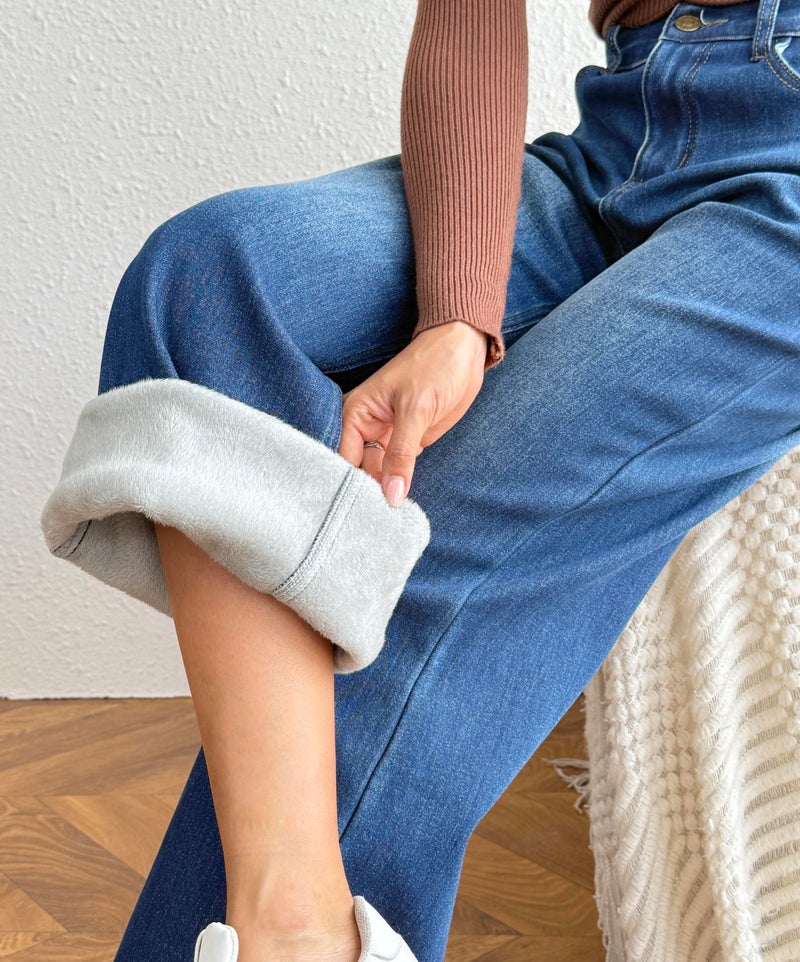 heipeiwa Women's Fleece Lined Jeans Wide Leg Baggy Winter Thermal Flannel Y2K Boyfriend Jean Denim Pants Blue - Image 5