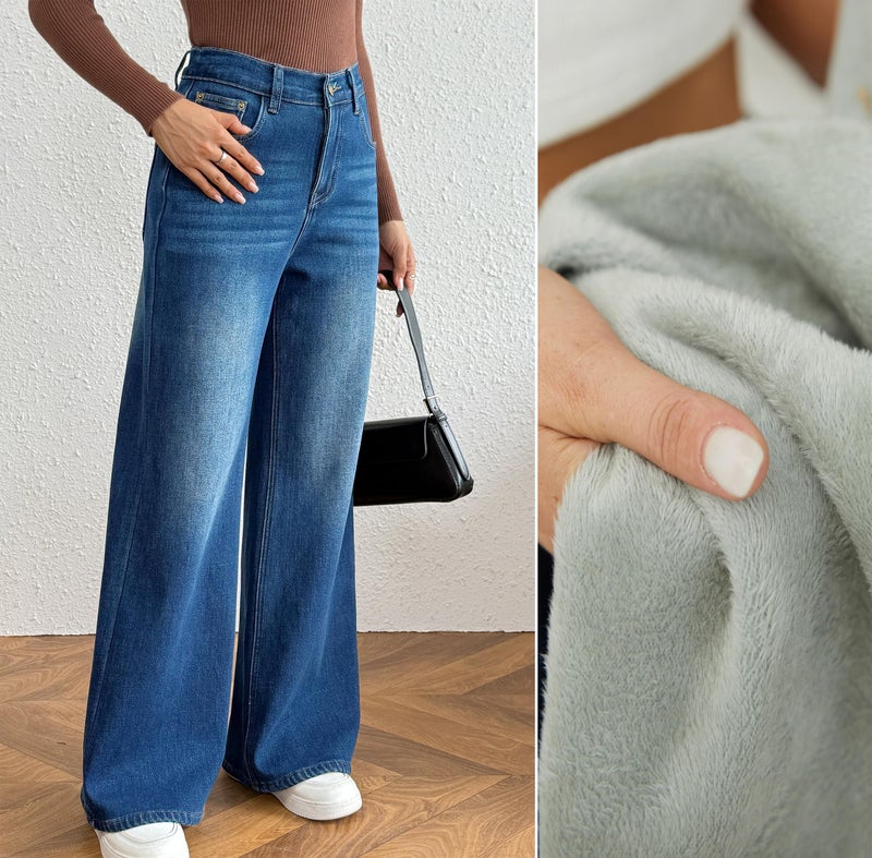 heipeiwa Women's Fleece Lined Jeans Wide Leg Baggy Winter Thermal Flannel Y2K Boyfriend Jean Denim Pants Blue - Image 4