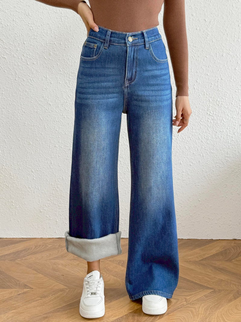 heipeiwa Women's Fleece Lined Jeans Wide Leg Baggy Winter Thermal Flannel Y2K Boyfriend Jean Denim Pants Blue - Image 2