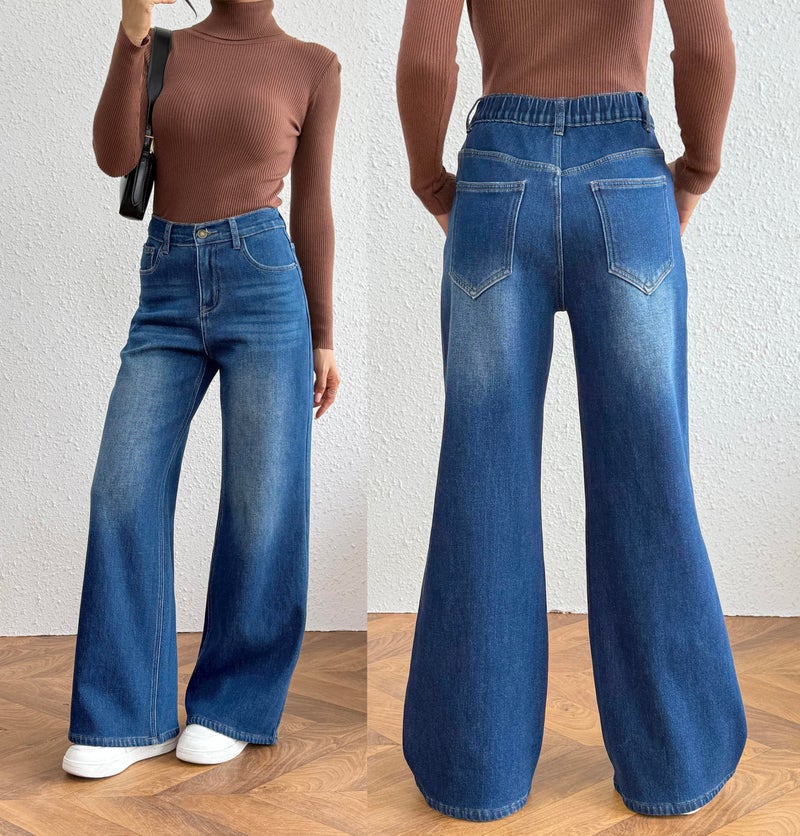 heipeiwa Women's Fleece Lined Jeans Wide Leg Baggy Winter Thermal Flannel Y2K Boyfriend Jean Denim Pants Blue - Image 3