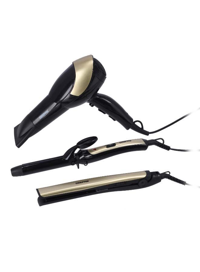 GEEPAS 3 In 1 Hair Styling Set 2200W - 2 Speed And 3 Heat Setting Curler, Ceramic Coating Plates Straightener With 25mm Hair Curler, Ideal Gift For Women Black/Gold 1200grams - Image 1