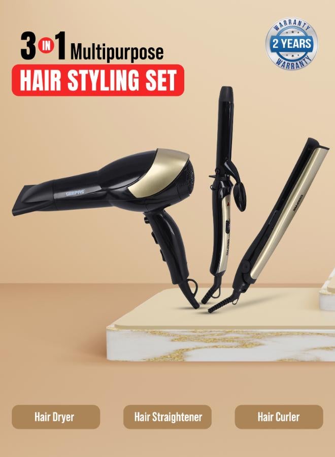 GEEPAS 3 In 1 Hair Styling Set 2200W - 2 Speed And 3 Heat Setting Curler, Ceramic Coating Plates Straightener With 25mm Hair Curler, Ideal Gift For Women Black/Gold 1200grams - Image 2