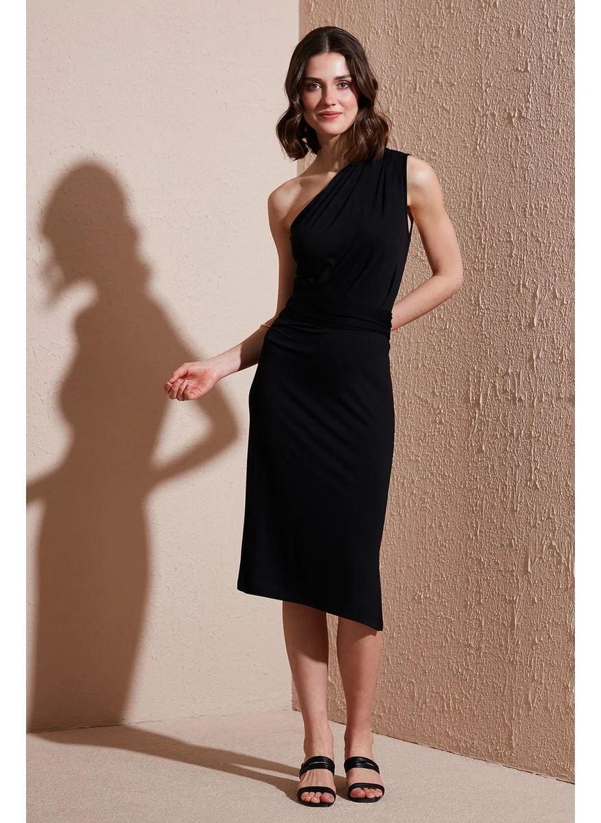 ليلا Slim Fit One Shoulder Slit Tie Detail Midi Dress Women's Dress 5866272