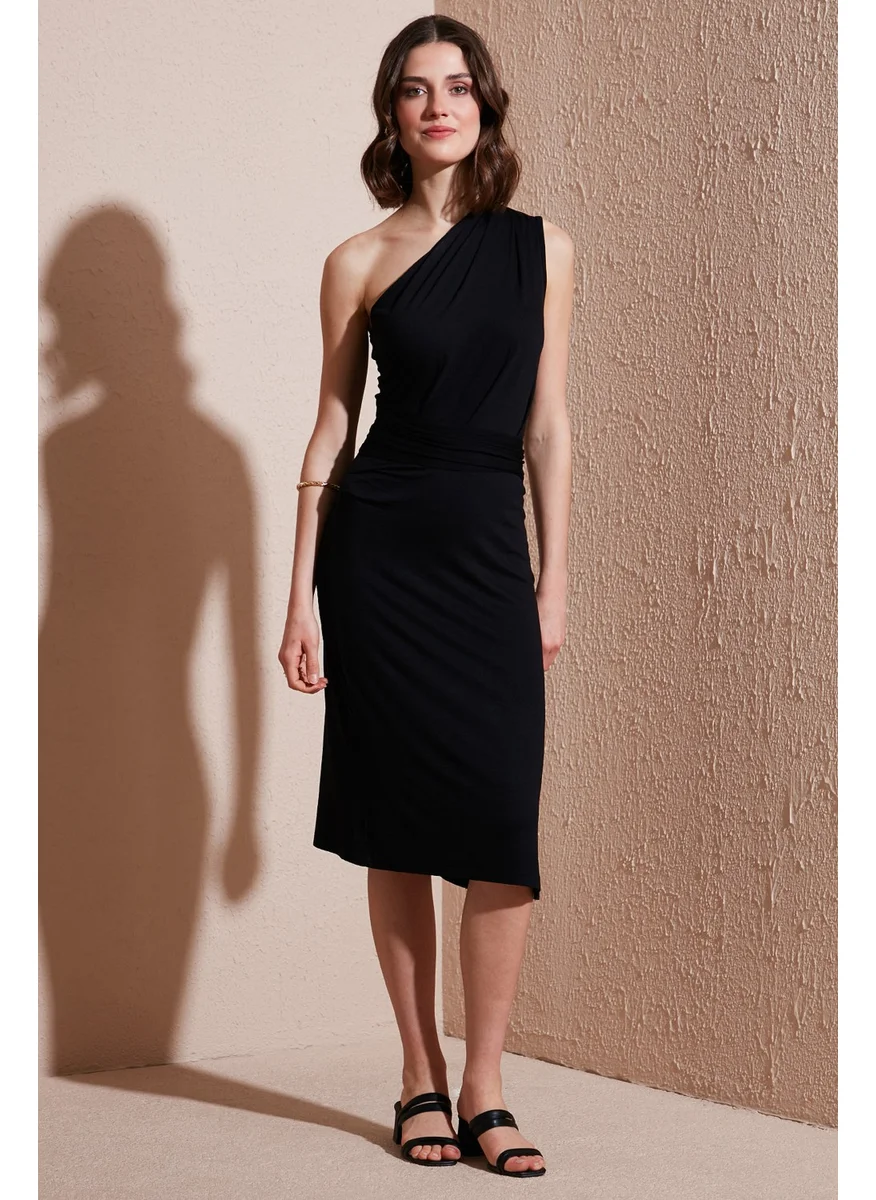 ليلا Slim Fit One Shoulder Slit Tie Detail Midi Dress Women's Dress 5866272