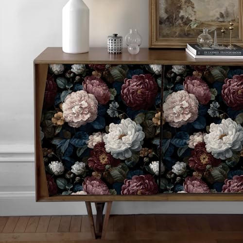 Guvana Dark Floral Peel and Stick Wallpaper Vintage Removable Self Adhesive Wall Paper for Bedroom Bathroom Pink/White/Red Peony Floral Contact Paper Dark Moody Wall Mural Wallpaper Roll 17.3"x78.7" - Image 2