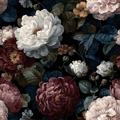 Guvana Dark Floral Peel and Stick Wallpaper Vintage Removable Self Adhesive Wall Paper for Bedroom Bathroom Pink/White/Red Peony Floral Contact Paper Dark Moody Wall Mural Wallpaper Roll 17.3"x78.7" - Image 1