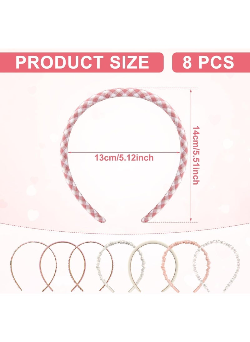 Pink Headband Set, 8 Pcs Cute Pearl Headband, Fashion Headbands for Women Girls, Pearl Headband Floral Headbands, Vintage Wide Flower Headbands, for Women Girls Gift Hair Accessories - Image 5