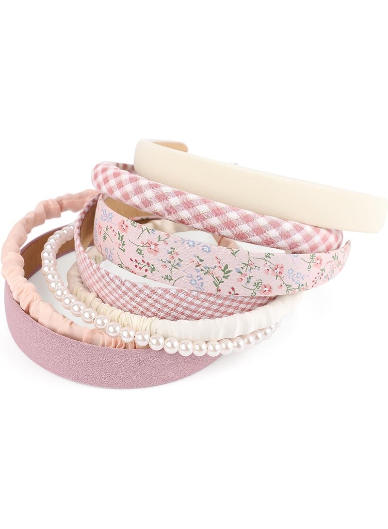 Pink Headband Set, 8 Pcs Cute Pearl Headband, Fashion Headbands for Women Girls, Pearl Headband Floral Headbands, Vintage Wide Flower Headbands, for Women Girls Gift Hair Accessories - Image 1