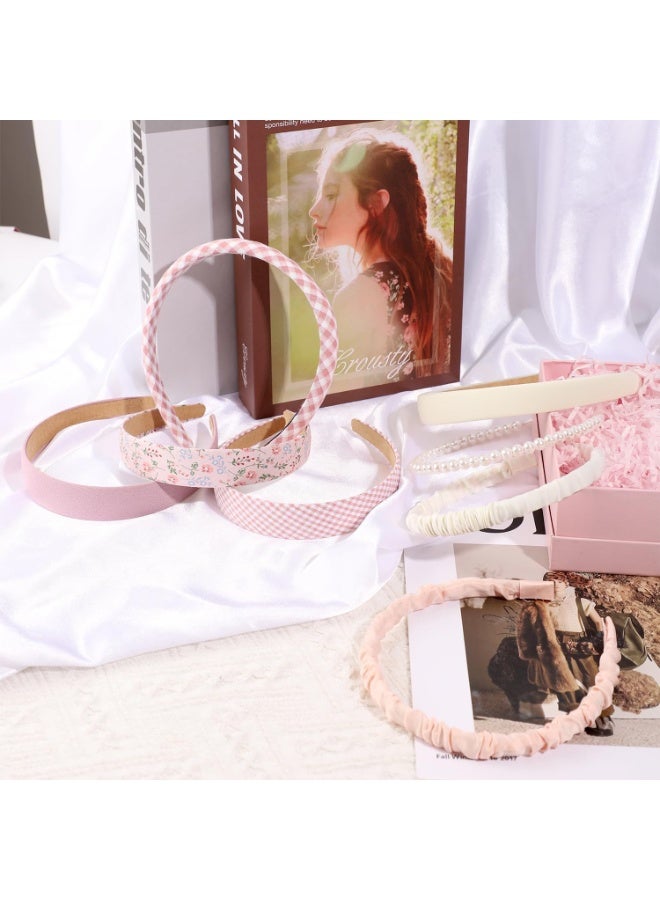 Pink Headband Set, 8 Pcs Cute Pearl Headband, Fashion Headbands for Women Girls, Pearl Headband Floral Headbands, Vintage Wide Flower Headbands, for Women Girls Gift Hair Accessories - Image 3