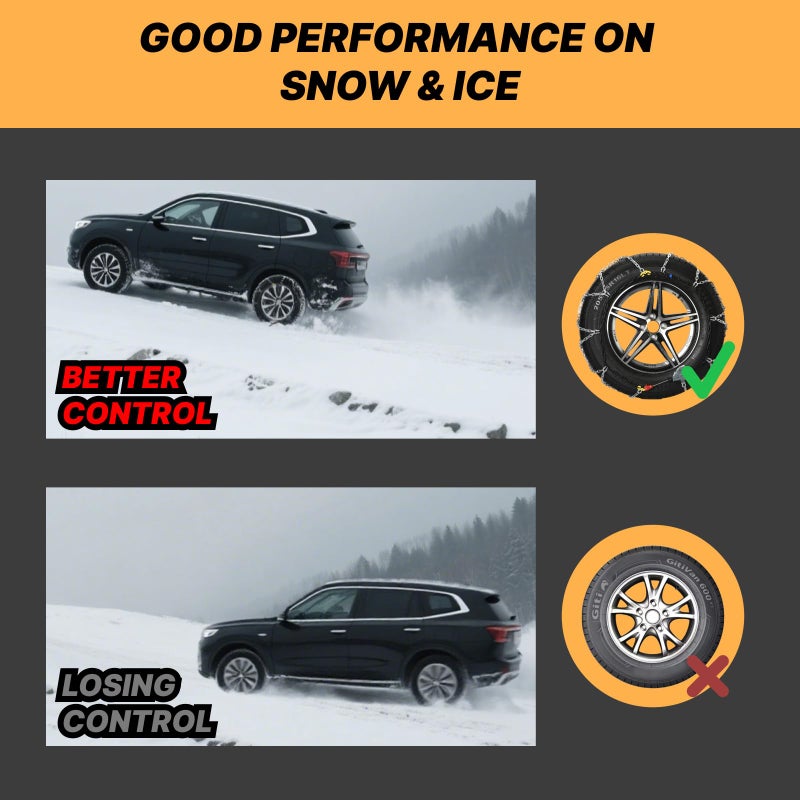 HILLCLYM Auto Fixing Snow Chains for Car Tires, Tire Chains for Passenger Cars, Sedan, SUVs, Quick Fit & Easy Installation Snow Tire Chains, Portable Reusable Emergency Tire Traction Chain, Set of 2 (HPK-1545) - Image 4