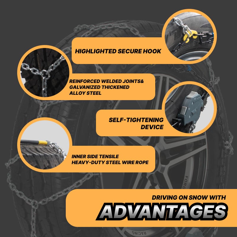 HILLCLYM Auto Fixing Snow Chains for Car Tires, Tire Chains for Passenger Cars, Sedan, SUVs, Quick Fit & Easy Installation Snow Tire Chains, Portable Reusable Emergency Tire Traction Chain, Set of 2 (HPK-1545) - Image 3