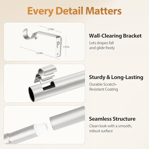TONIAL Silver 3/4 Curtain Rods for Windows 20 to 53 Inch, Adjustable Splicing Window Curtains rod 32 to 58 Inch(2.6 to 4.8 ft), Decorative Single Drapery Rod with Modern Cap Finial - Image 5