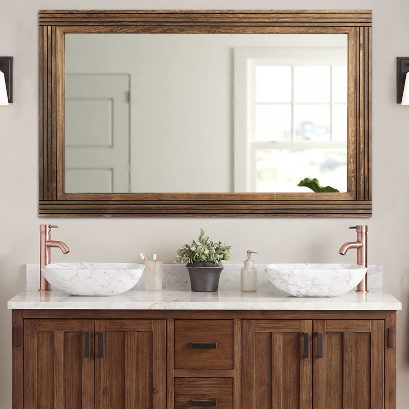 YOSHOOT HandMade Wooden Spliced Wall Mirror for Bathroom Rustic Farmhouse Vanity Mirror Dcor Wall Art Solid Wood Frame Vertical or Horizontal Hanging