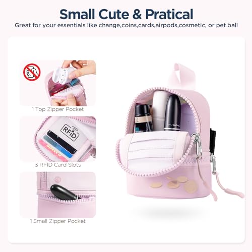 Babysun Mini Backpack Keychain Wristlet Pouch Small Change Coin Purse Cute Zipper Wallet With 3 RFID Card Slots For Women/Men Airpods Cosmetics (Baby Pink) - Image 4