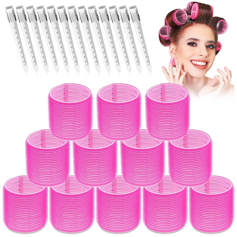 Jumbo Hair Rollers Set  24 Pieces with 12 Large Rollers and 12 Clips for Voluminous Long Thick Hair Hot Pink