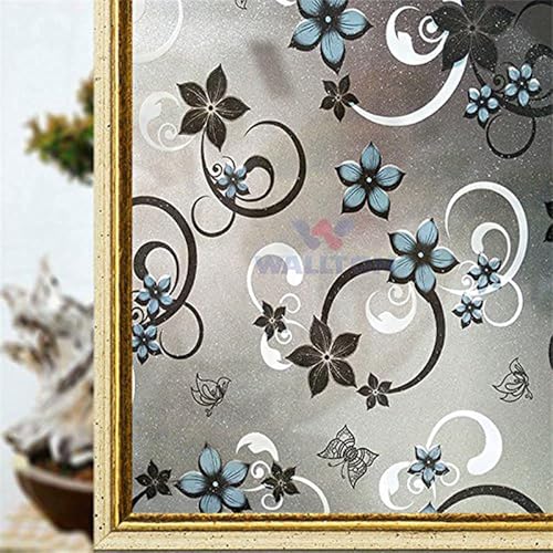 WALLTON Privacy Vinyl Frosted Window Film Glass Sticker Self-Adhesive Film Tint Wallpaper Opaque Sheet for Glass Privacy Cover Window, Door, Office, Home.| Anti-UV. (16x144 Inch, Blue Leaves) - Image 1